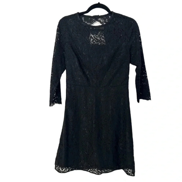 Loft Black Lace 3/4 Length Open Back Black Mini Dress Size 4 GUC - Picture 1 of 9